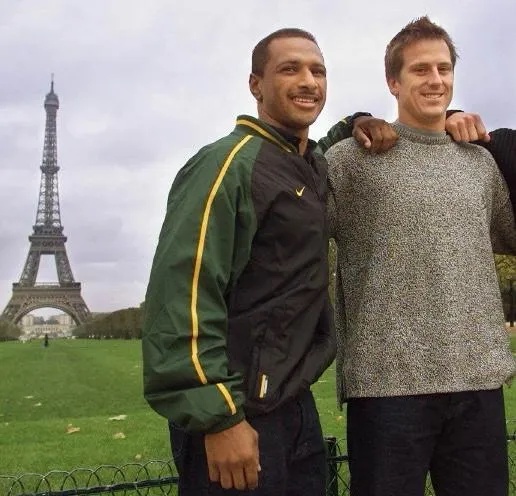 Deon Kayser and Robbie Fleck, seen here on tour with the Springboks, share a rather bizarre rugby moment when they played for the Sharks and Stormers respectively.