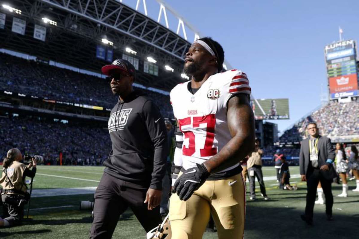 San Francisco 49ers linebacker Dre Greenlaw (57) leaves the field after a game against the Seattle Seahawks at Lumen Field. (Joe Nicholson-Imagn Images)