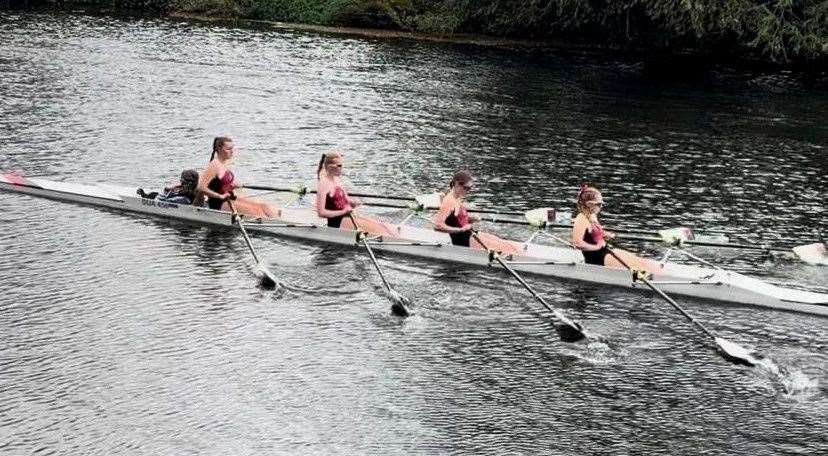 Stratford’s WJ15 coxed quad powering down the Evesham course.