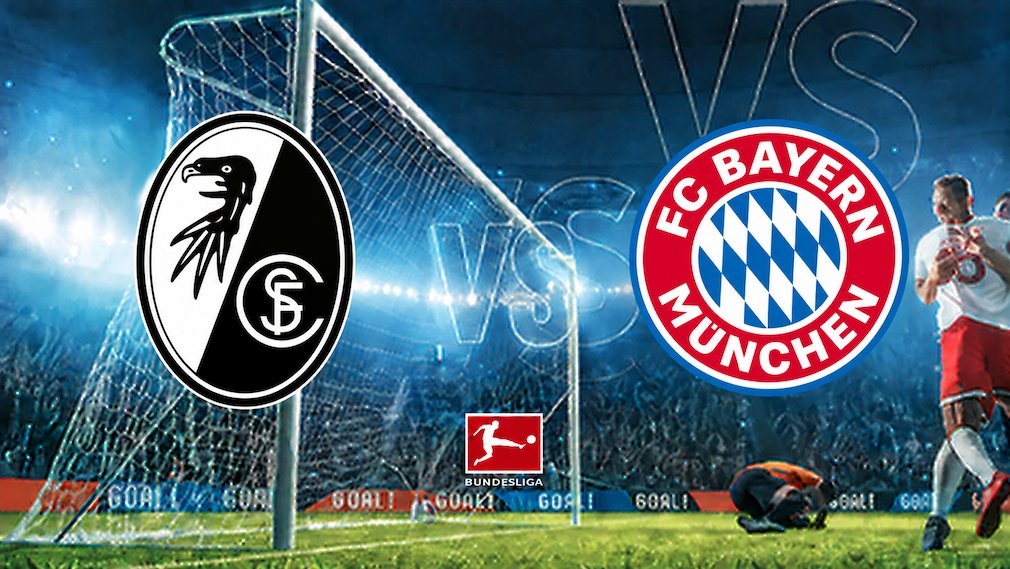 Logos von SC Freiburg, Bayern München auf Stadionhintergrund