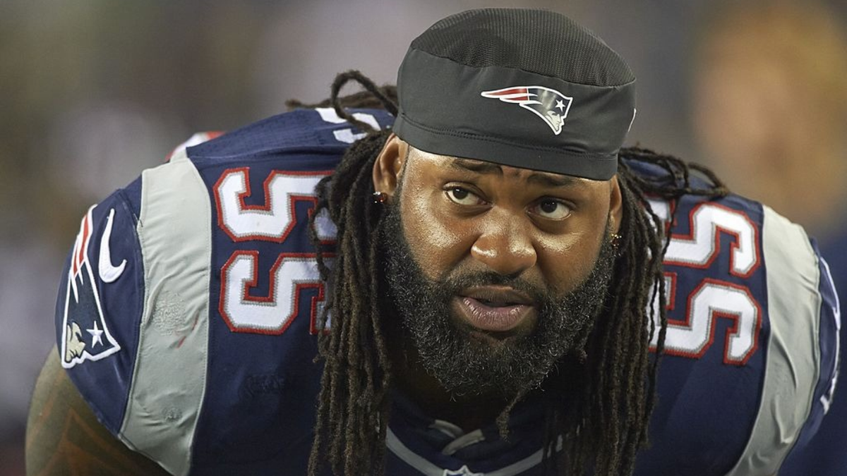 Brandon Spikes in closeup during a preseason game at Gillette Stadium.