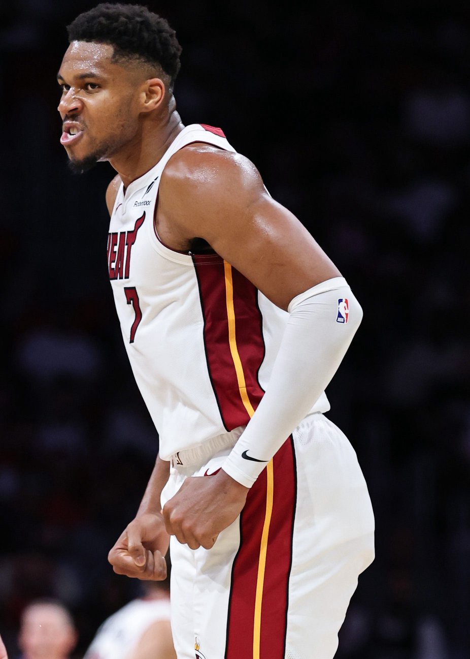 MIAMI, FLORIDA - OCTOBER 21: Giannis Antetokounmpo #7 of the Miami Heat reacts against the Minnesota Timberwolves during the first half at Kaseya Center on October 21, 2026 in Miami, Florida. NOTE TO USER: User expressly acknowledges and agrees that, by downloading and or using this photograph, User is consenting to terms and conditions of the Getty Images License Agreement. (Photo by Carmen Mandato/Getty Images)