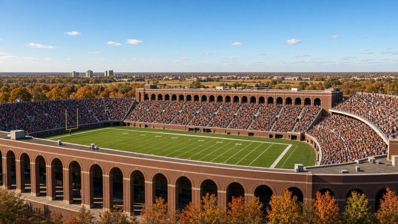 Empty outdoor Big Ten football stadium in afternoon autumn light, rows of empty seats, a football resting on the green turf