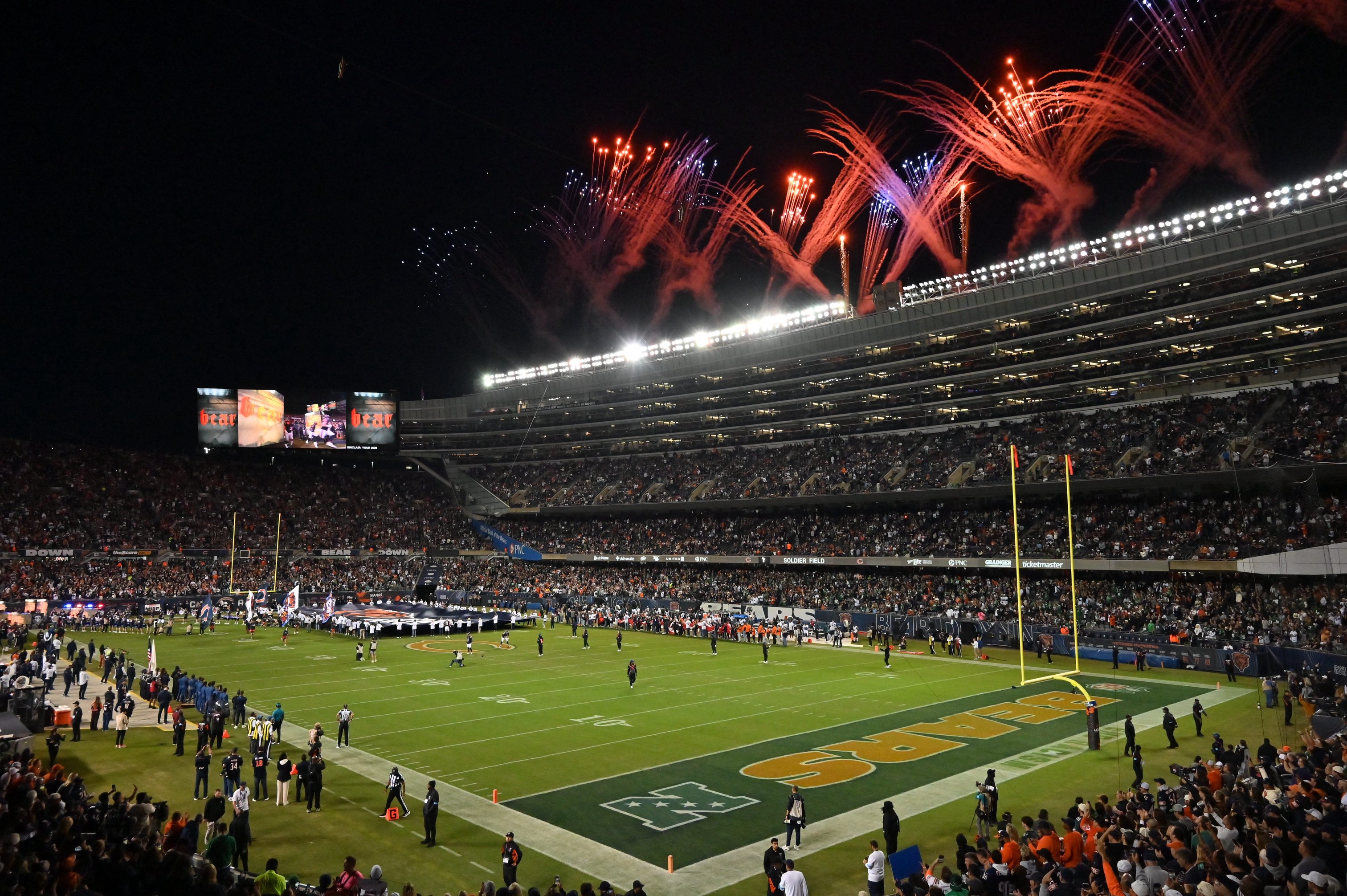 Sep 28, 2026; Chicago, Illinois, USA;  General view of fireworks during the pregame ceremony before the game between Philadelphia Eagles and Chicago Bears at Soldier Field.  Mandatory Credit: Patrick Gorski-Imagn Images