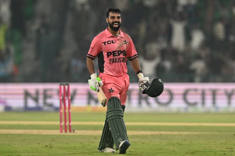 LAHORE, PAKISTAN - OCTOBER 25: Shadab Khan of Pakistan celebrates team victory following the game four of the One Day International Tri-Series between Pakistan and England at Gaddafi Stadium on October 25, 2026 in Lahore, Pakistan. (Photo by Sameer Ali/Getty Images)