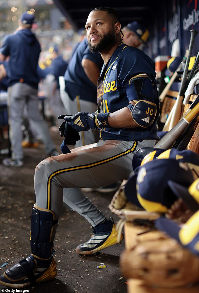 Jackson Chourio of the Milwaukee Brewers looks on from the dugout during the sixth inning