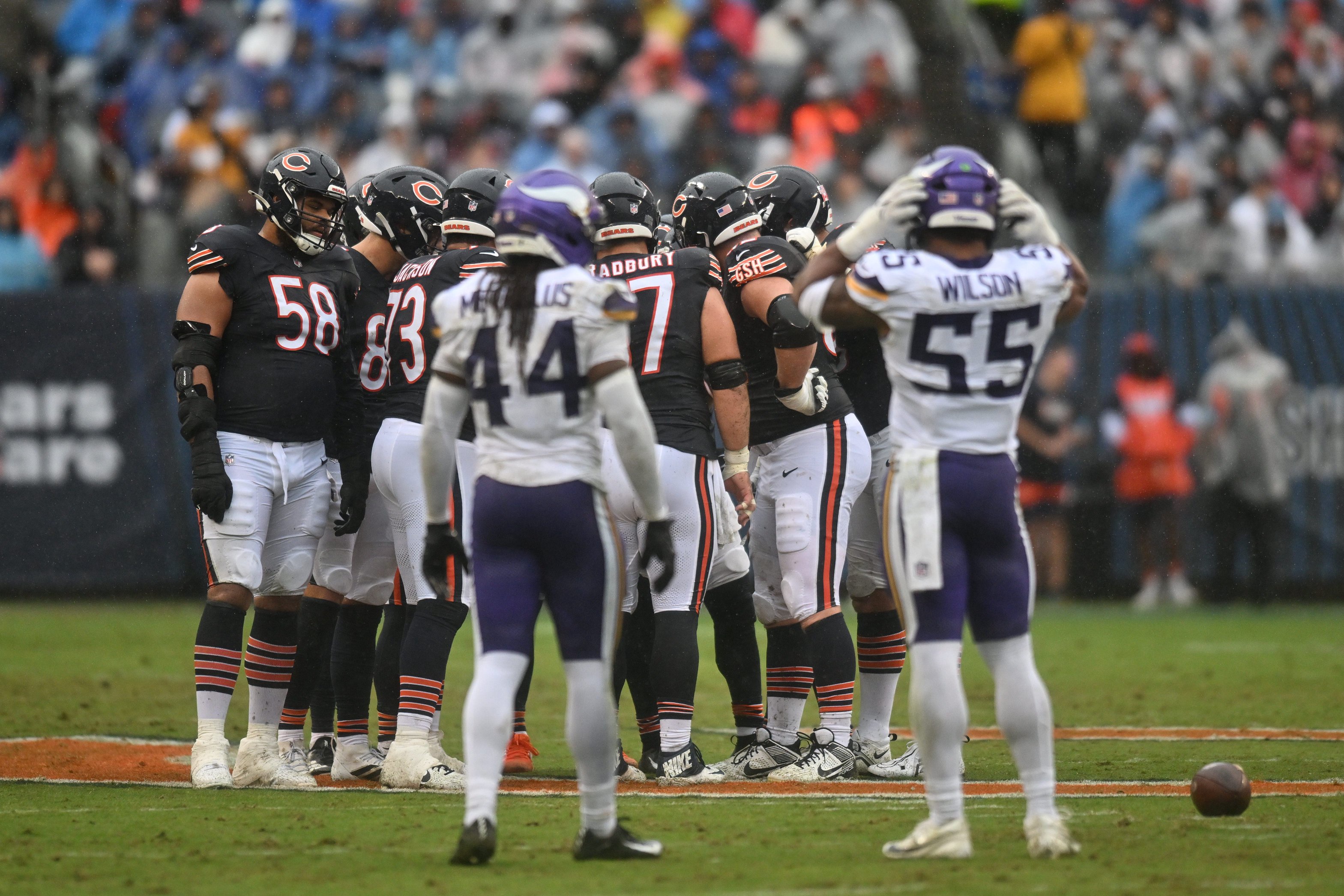 Sep 20, 2026; Chicago, Illinois, USA;  Chicago Bears players huddle while on offensive against the Minnesota Vikings during the first half at Soldier Field.  Mandatory Credit: Patrick Gorski-Imagn Images