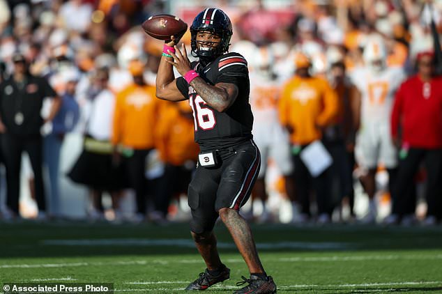 South Carolina quarterback LaNorris Sellers looks to pass the ball during the first half of an NCAA college football game against Tennessee, Saturday, Oct. 24, 2026, in Columbia, S.C. (AP Photo/Artie Walker Jr.)