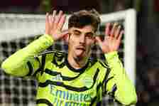 Kai Havertz celebrates after scoring his team's first goal during the Premier League football match between Brentford and Arsenal