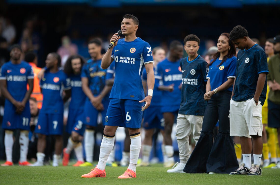 Thiago Silva of Chelsea addresses the fans as wife Isabele and sons Isago and Iago watch after the Premier League match between Chelsea FC and AFC Bournemouth