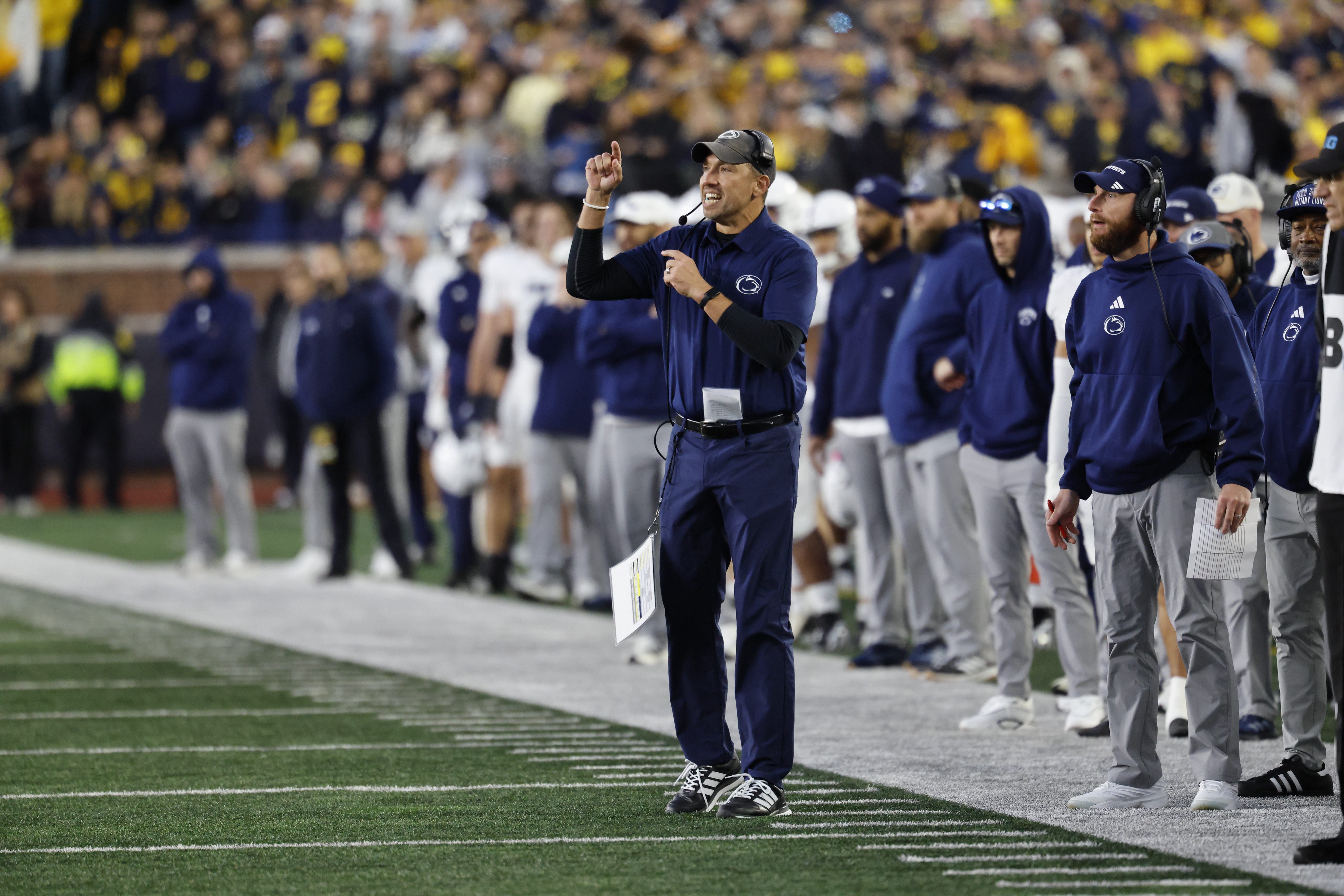 Oct 17, 2026; Ann Arbor, Michigan, USA;  Penn State Nittany Lions head coach Matt Campbell coaches in the second half against the Michigan Wolverines at Michigan Stadium.  Mandatory Credit: Rick Osentoski-Imagn Images