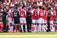 Mikel Arteta, Head Coach of Arsenal speaks to his players during the Premier League match between Arsenal FC and Everton FC at Emirates Stadium on ...