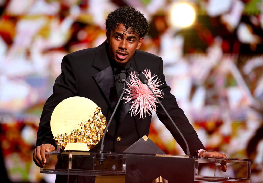 Barcelona player Lamine Yamal wins the Men's Young Talent of the Year award at the Ballon d'Or awards ceremony.