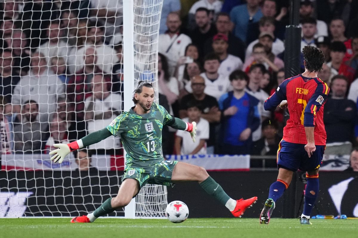 England goalkeeper James Trafford denies Spain forward Ferran Torres
