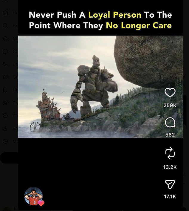 The captain liked an Instagram post which read: 'Never push a loyal person to the point where they no longer care'