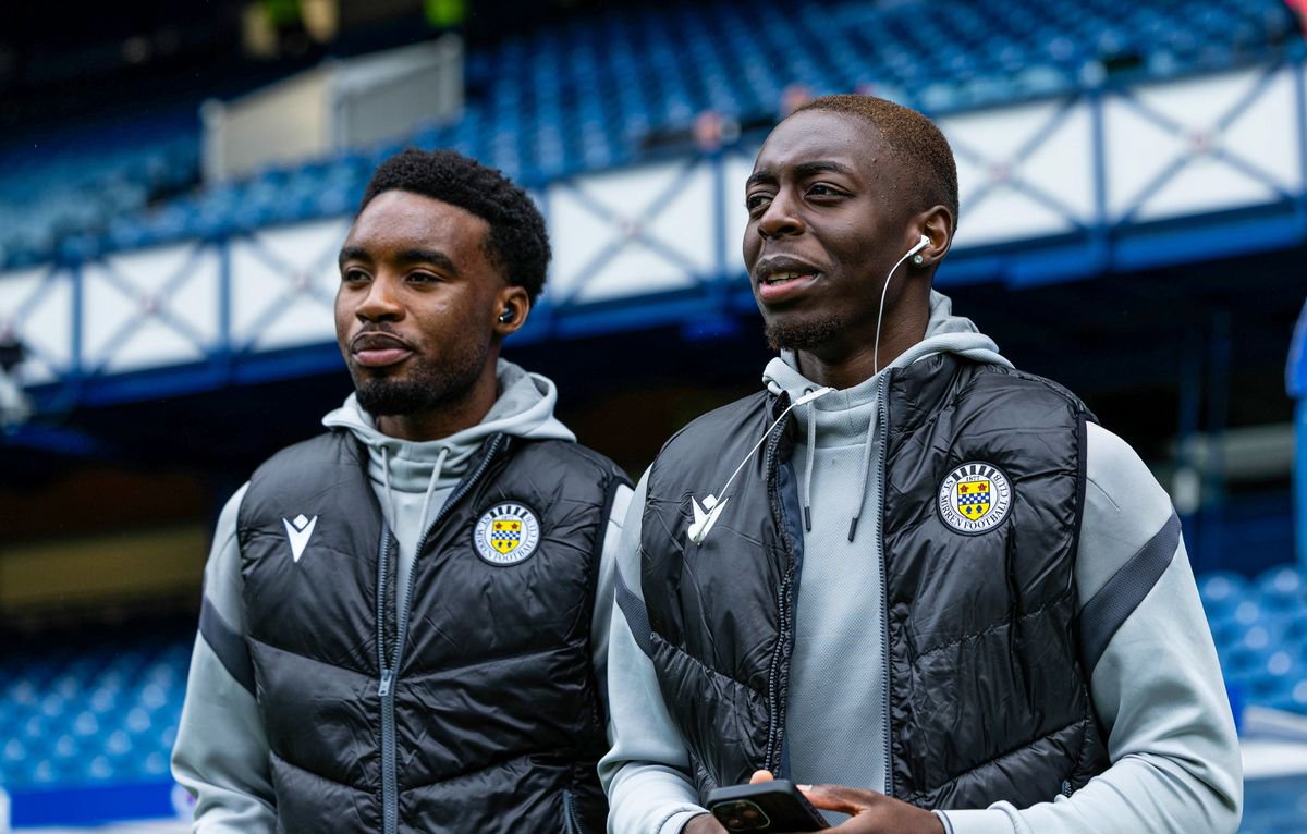 St Mirren's Paul Nsio (L) and Eseosa Sule at Ibrox 