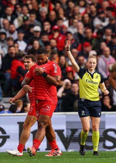 Referee Hollie Davidson shows a red card to Toulouse's Rodrigue Neti during his team's recent Champions Cup match against Exeter Chiefs at Stadium de Toulouse. Photograph: Ben Brady/Inpho
