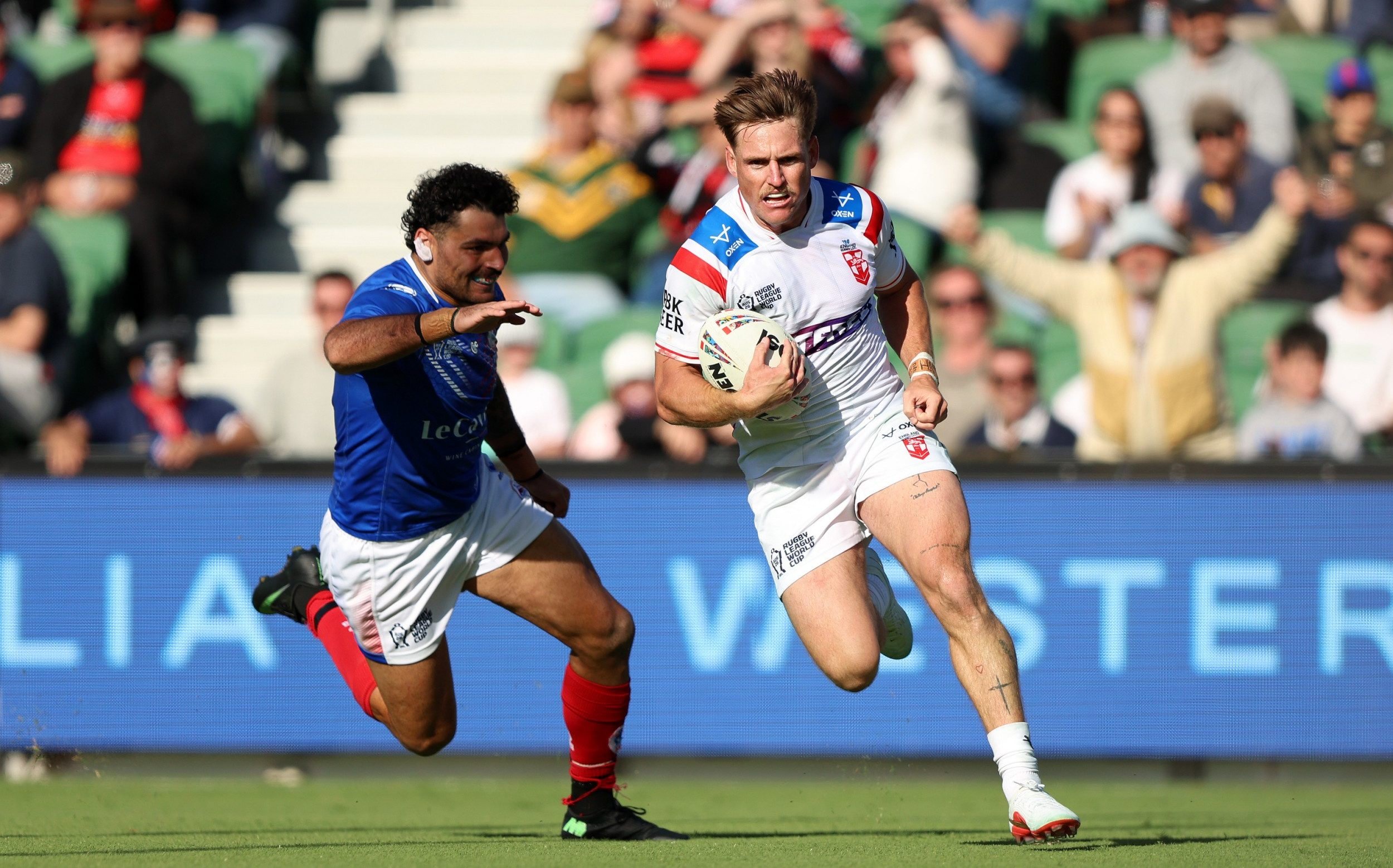 PERTH, AUSTRALIA - OCTOBER 24: AJ Brimson of England scores a try during the 2026 Men's Rugby League World Cup match between England and France at HBF Stadium on October 24, 2026 in Perth, Australia.