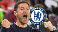 Chelsea manager Xabi Alonso next to the Chelsea badge - copyright F365