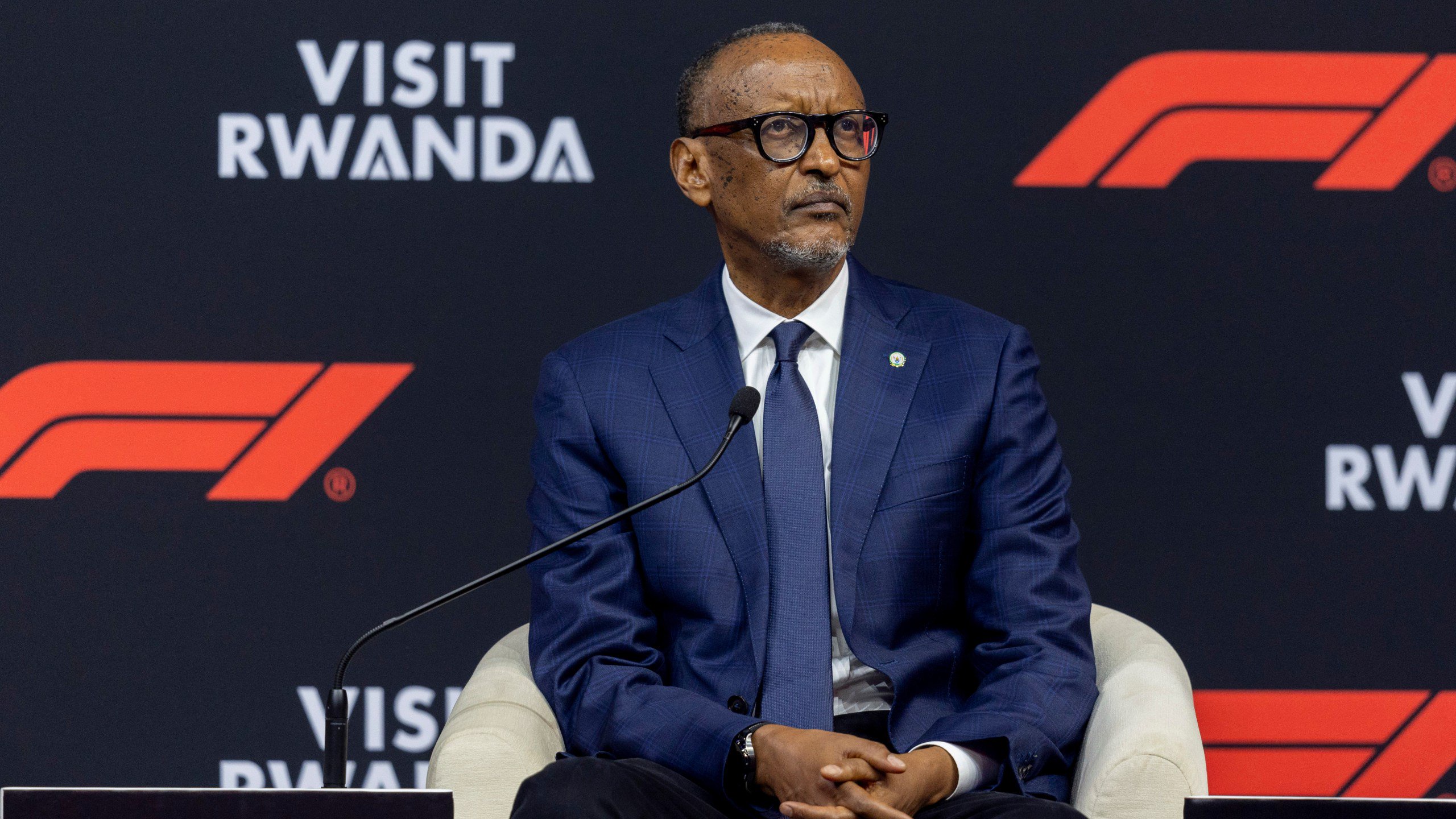 Rwandan president Paul Kagame speaks during an announcement that Formula 1 will return to Africa with a grand prix in the country starting early next decade, in Kigali, Tuesday, Oct. 13, 2026. (AP Photo)