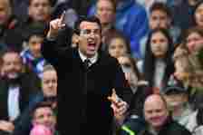 Aston Villa's Spanish head coach Unai Emery gestures on the touchline during the English Premier League football match between Brighton and Hove Al...