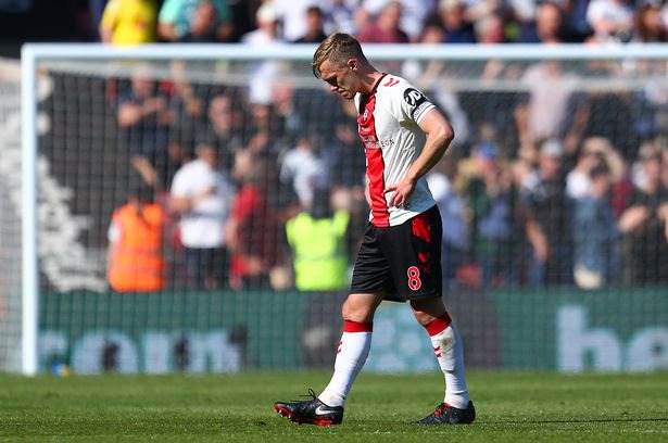 SOUTHAMPTON, ENGLAND - MAY 13: James Ward-Prowse of Southampton looks dejected during the Premier League match between Southampton FC and Fulham FC at Friends Provident St. Mary's Stadium on May 13, 2023 in Southampton, England. (