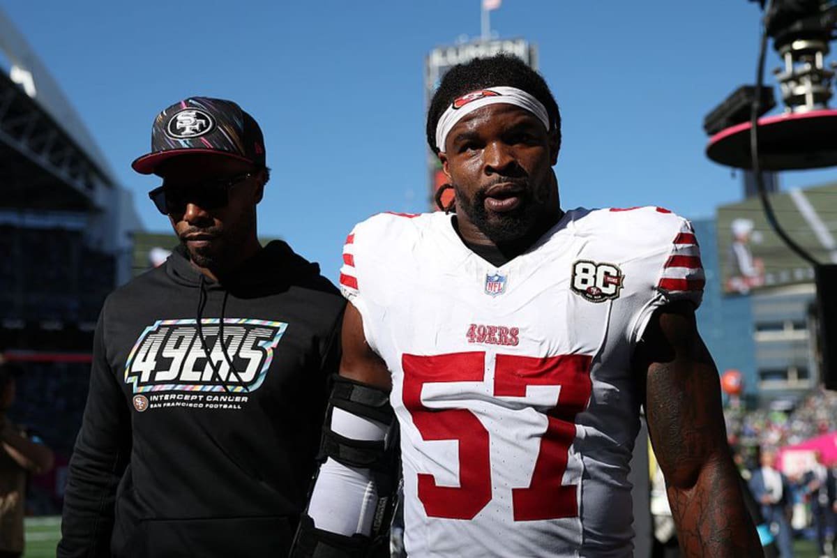 Dre Greenlaw left the field after being ejected during the second quarter against Seattle