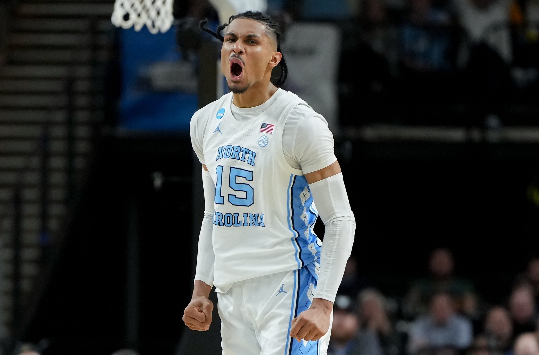 Mar 19, 2026; Greenville, SC, USA; North Carolina Tar Heels forward Jarin Stevenson (15) celebrates after a play against the VCU Rams in the second half of a first round game of the men's 2026 NCAA Tournament at Bon Secours Wellness Arena. Mandatory Credit: Bob Donnan-Imagn Images