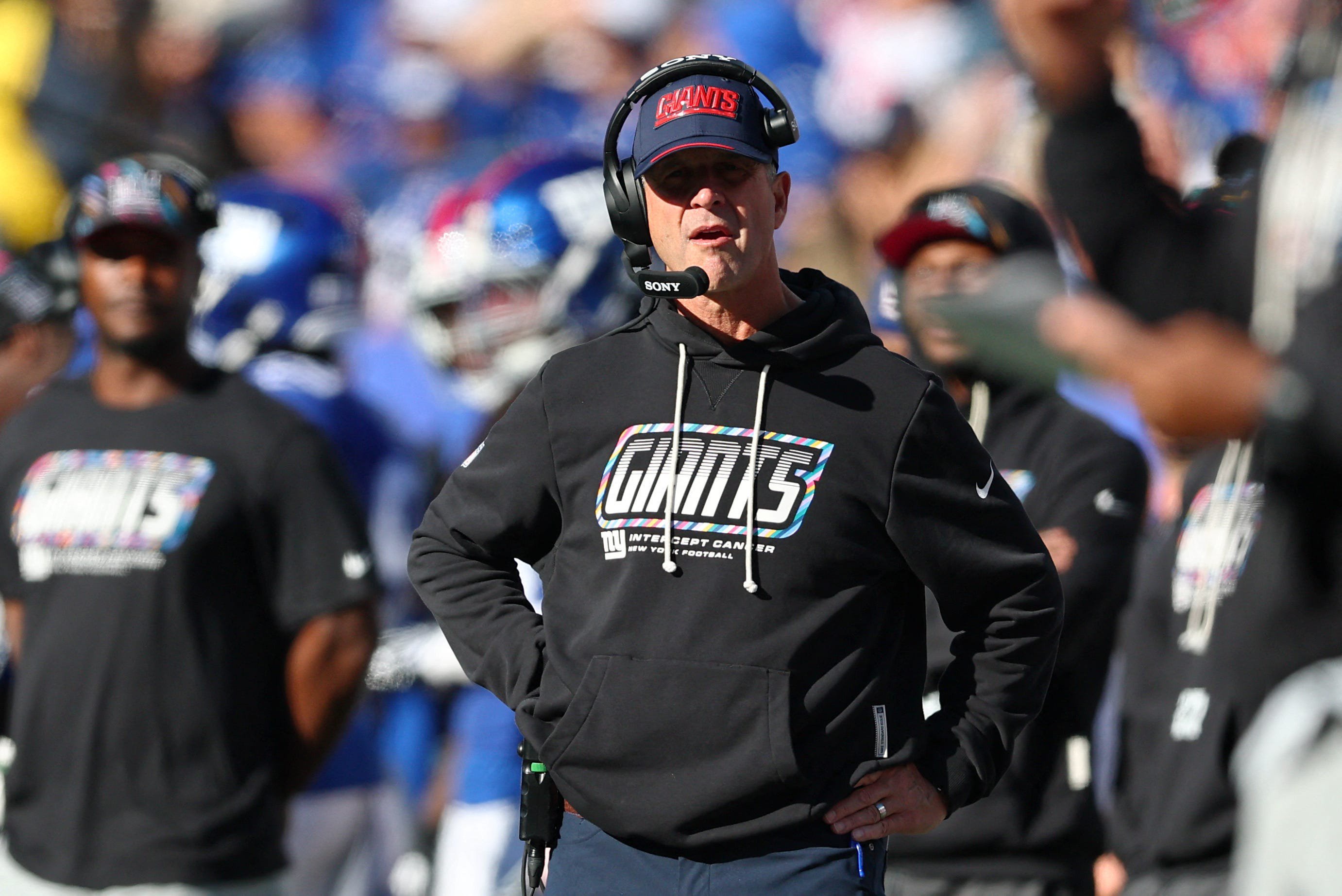 Oct 18, 2026; East Rutherford, New Jersey, USA;  New York Giants head coach John Harbaugh looks on against the New Orleans Saints during the third quarter at MetLife Stadium.  Mandatory Credit: Vincent Carchietta-Imagn Images