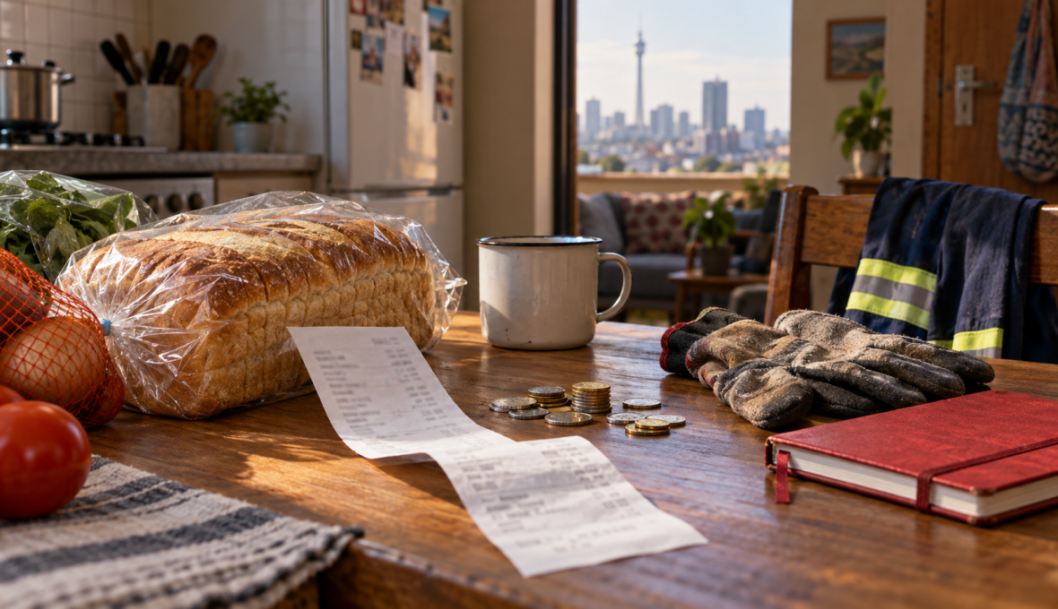 Bread, a grocery receipt, coins and work gloves on a household table