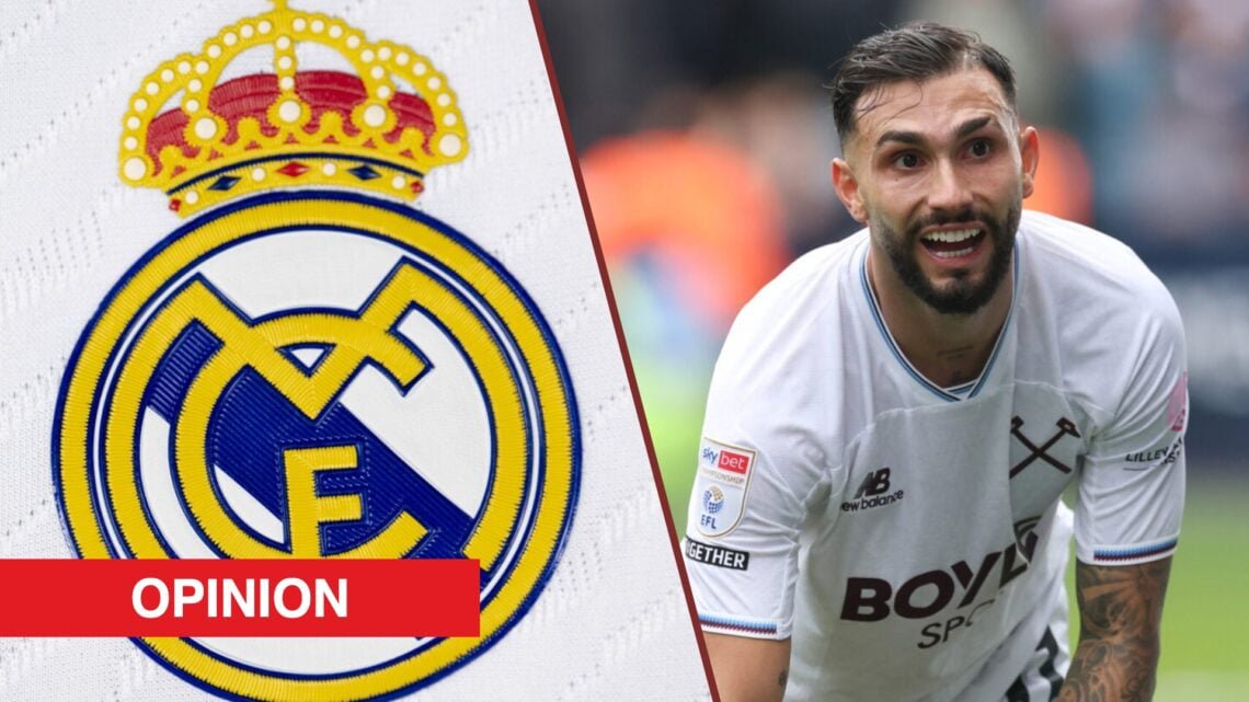 Split image showing the Real Madrid badge and Taty Castellanos of West Ham United