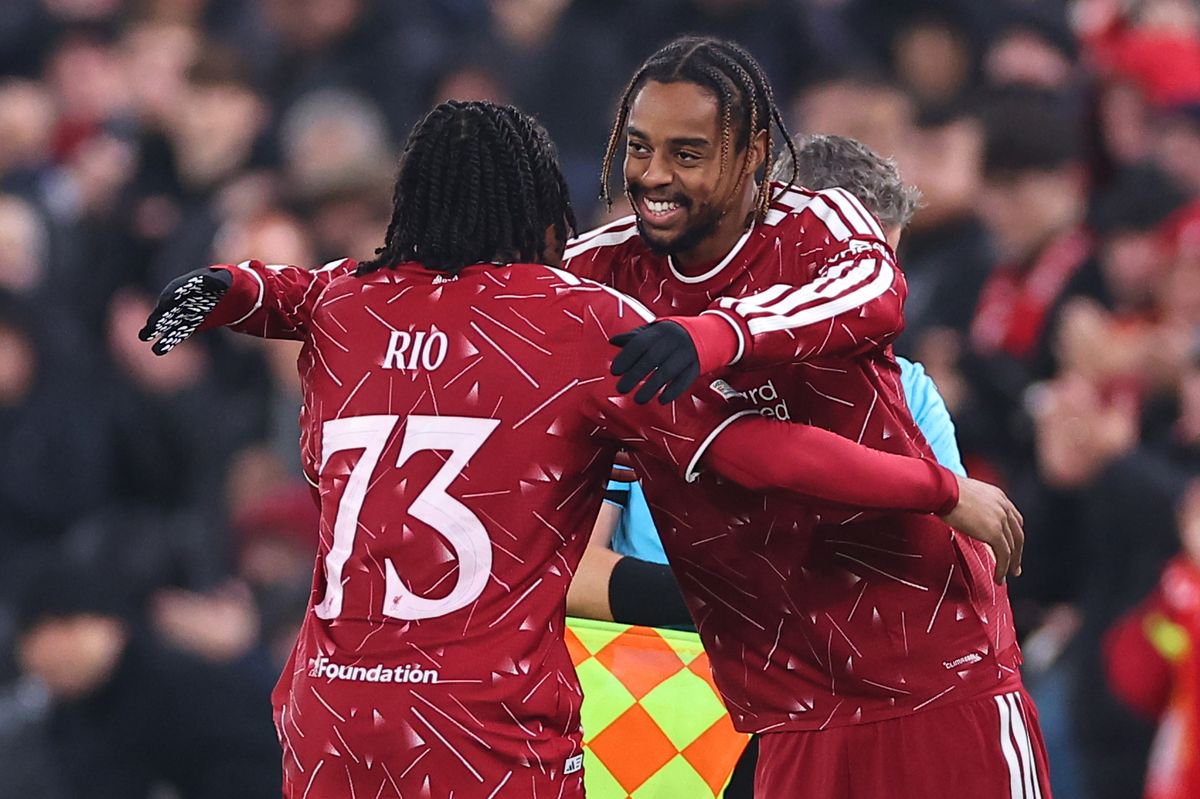 Bradley Barcola of Liverpool comes on to replace Rio Ngumoha during the UEFA Champions League 2026/27 League Phase MD3 match between Liverpool FC and Villarreal CF