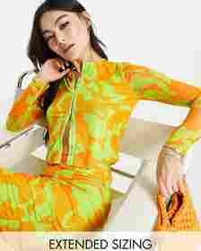 Mesh long sleeved top co-ord with seam detail in orange and lime print