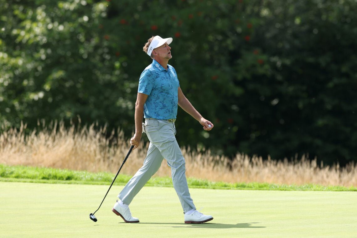 Ian Poulter of Majesticks GC in action on day one of LIV Golf UK