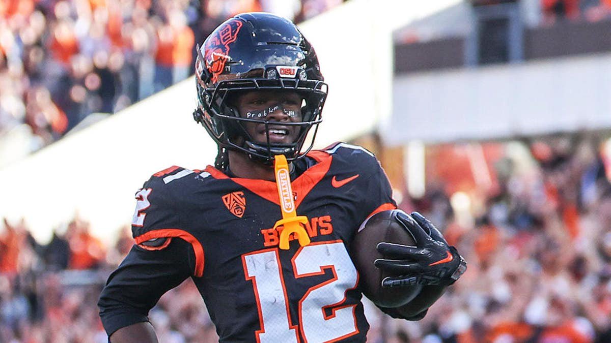 Jesse Legree No. 12 of the Oregon State Beavers runs after the catch during the first half of a game against the Washington State Cougars at Reser Stadium on Oct. 17, 2026, in Corvallis, Ore.