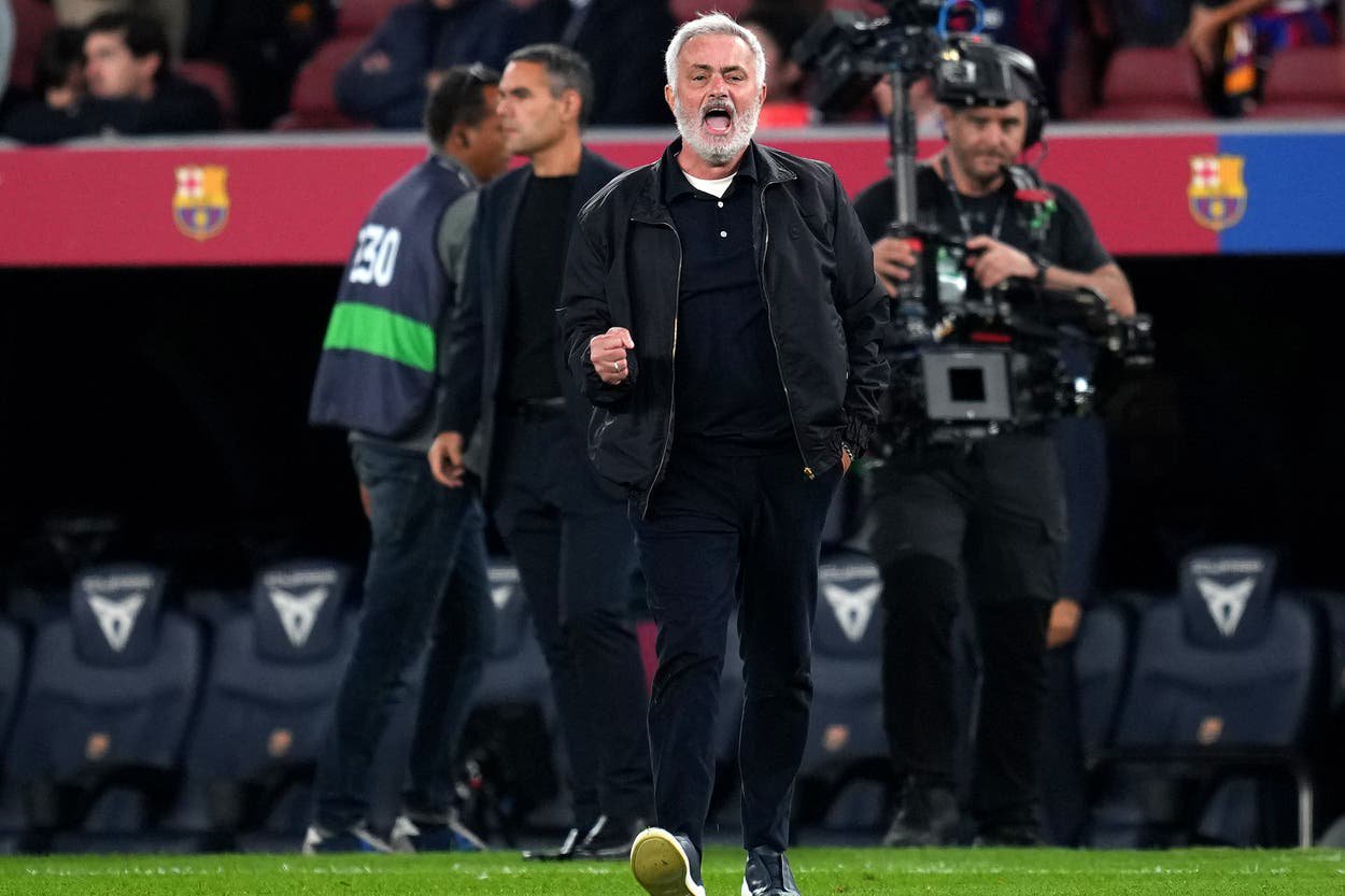 Jose Mourinho, Head Coach of Real Madrid, celebrates after the LaLiga EA Sports 2026/27 match between FC Barcelona and Real Madrid at Spotify Camp Nou