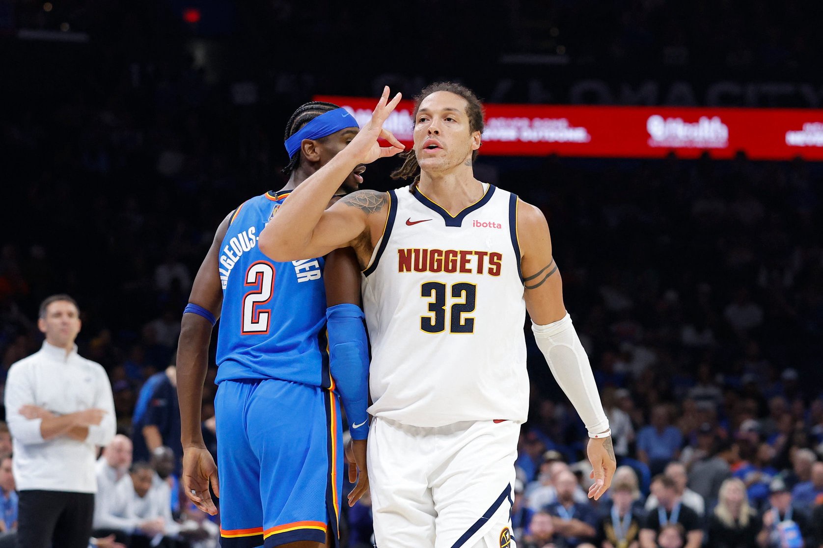 Oct 22, 2026; Oklahoma City, Oklahoma, USA;  Denver Nuggets forward Aaron Gordon (32) gestures after scoring a three point basket against the Oklahoma City Thunder during the second half at Paycom Center. Mandatory Credit: Alonzo Adams-Imagn Images