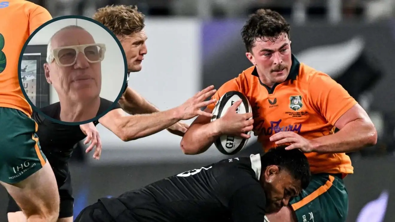 Australia's Jeremy Williams is tackled by New Zealand's Tupou Vaa'i and an inset of All Blacks legend Sir John Kirwan.