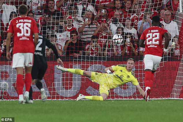 Sinisalo is helpless as Jhon Duran dinks home Benfica's first from the penalty spot