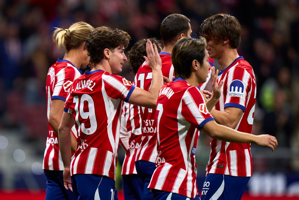 Julian Alvarez of Atletico de Madrid celebrates his team first goal during the LaLiga EA Sports 2026/27 match between Atletico de Madrid and RC Deportivo de A Coruna at Riyadh Air Metropolitano on October 24, 2026