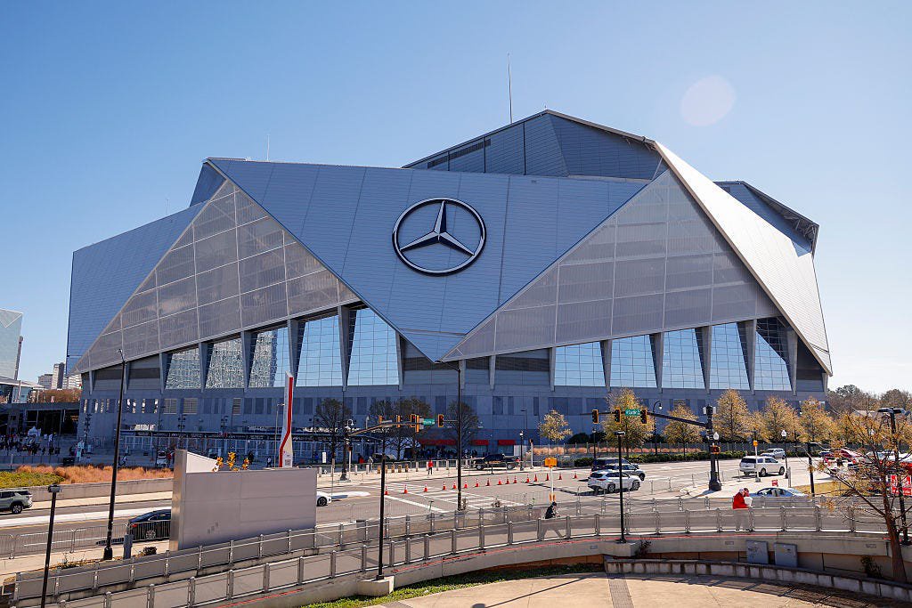 An exterior view of Mercedes-Benz Stadium in Atlanta.