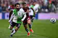 Mohamed Salah of Liverpool in action during the Premier League match between West Ham United and Liverpool FC at London Stadium on April 27, 2024 i...