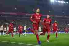 Virgil van Dijk celebrates for Liverpool against Manchester United in the 2019/20 season.