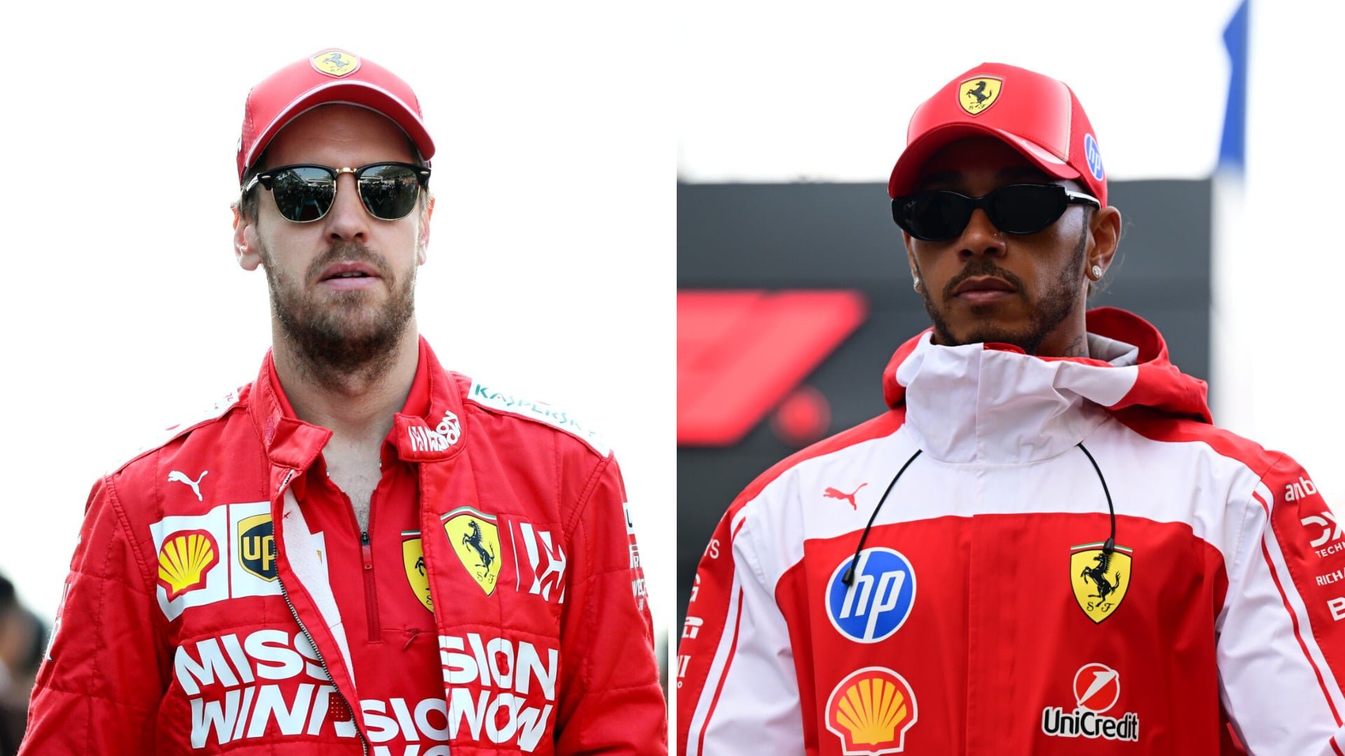 Sebastian Vettel at the 2019 Abu Dhabi GP for Ferrari; Lewis Hamilton at the 2026 Dutch GP