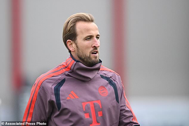 Bayern Munich's Harry Kane attends a training session ahead of the Champions League, opening phase soccer match against Arsenal, in Munich, Germany, Tuesday, Oct. 20, 2026. (Angelika Warmuth/dpa via AP)