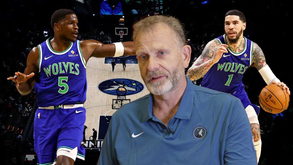 Tim Lewis with Anthony Edwards and LaMelo Ball behind him in front of the basketball court at the Target Centre
