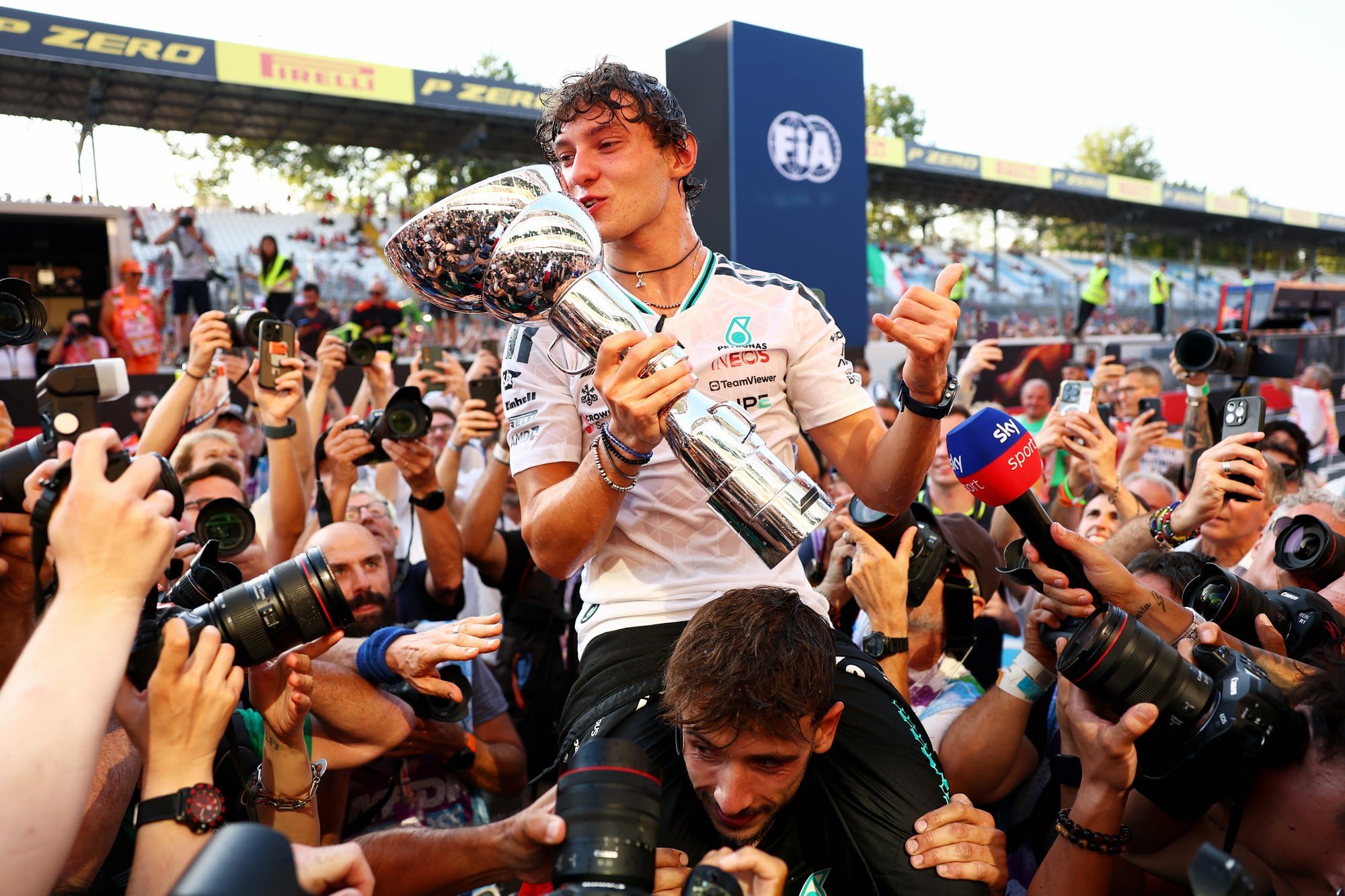 Kimi Antonelli celebrates his home race win in Monza, Italy