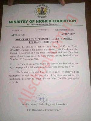 Yobe State approves reopening of State-Owned Tertiary Institutions