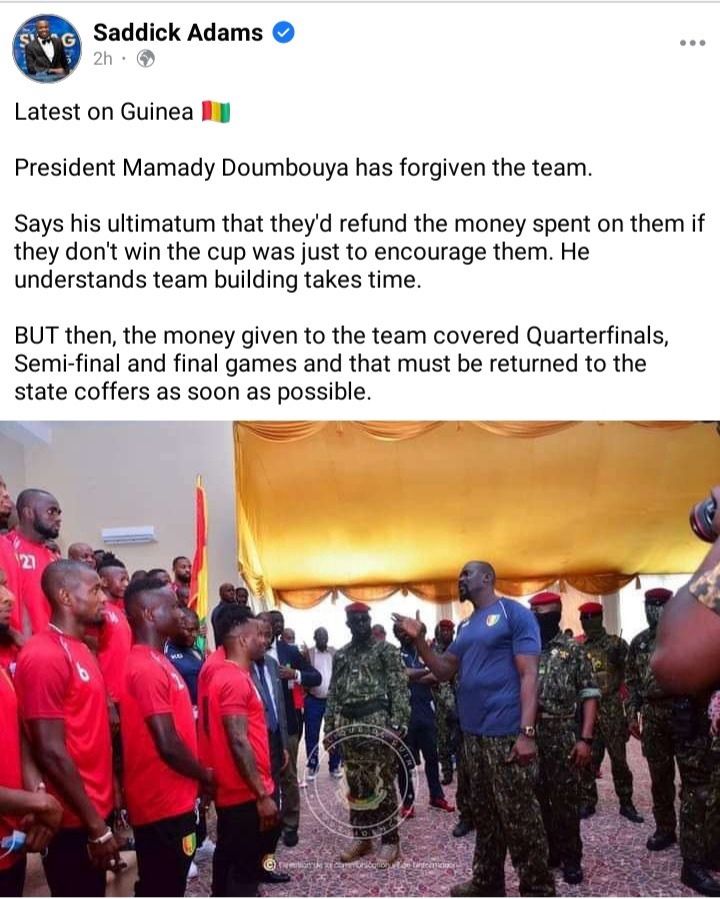 I Have Forgiven You For Not Winning The AFCON But Return All The Money- Military President of Guinea tells National Team
