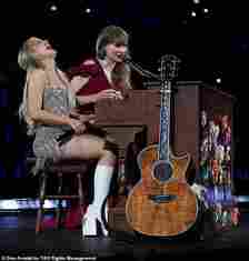 Elsewhere in the interview Sabrina said how the Taylor, 34, taught her there was no 'how-to book' to navigate a relationship in the glare of the public eye  (pictured together on stage in Sydney)